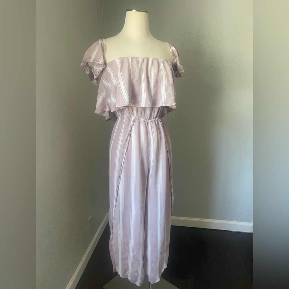 American Eagle Outfitters Purple and White Jumpsuit with Ruffled Sleeves